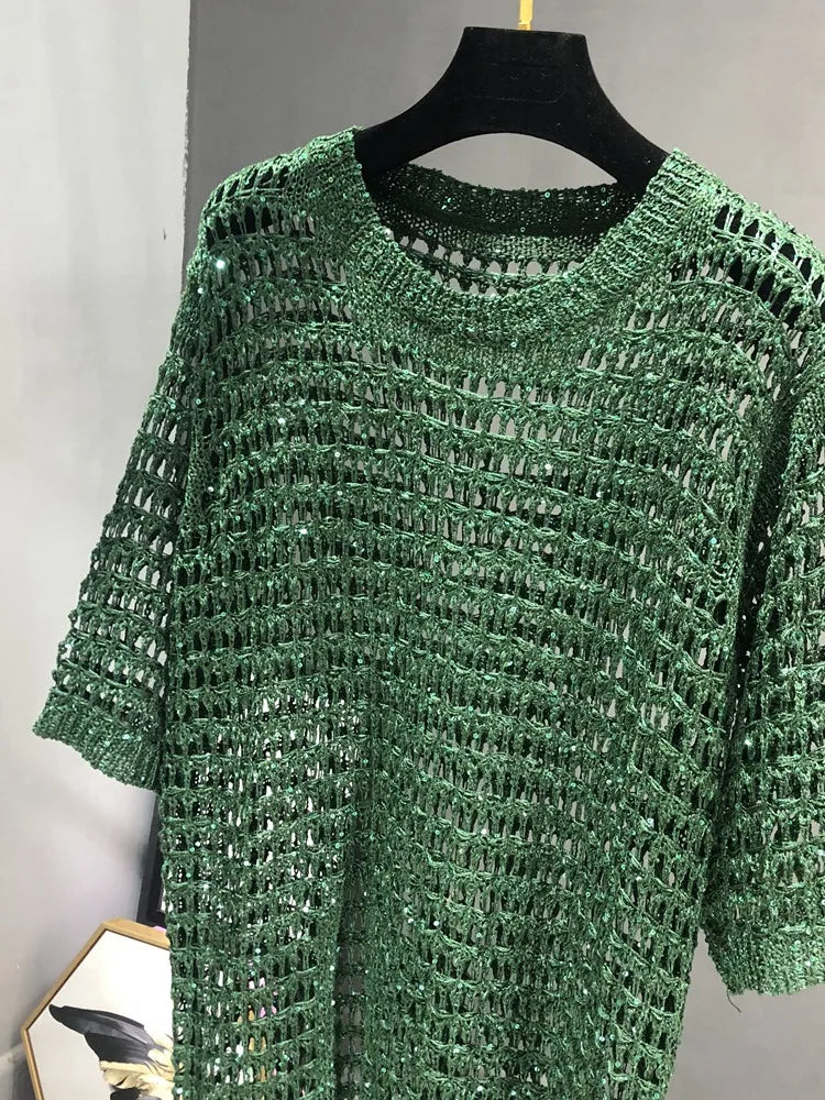 Long Sequins Knit Hollow Top – dreamy chic streetwear | same ANTHEM.