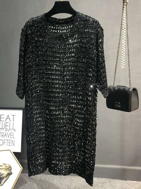 Long Sequins Knit Hollow Top – dreamy chic streetwear | same ANTHEM. - black / One Size