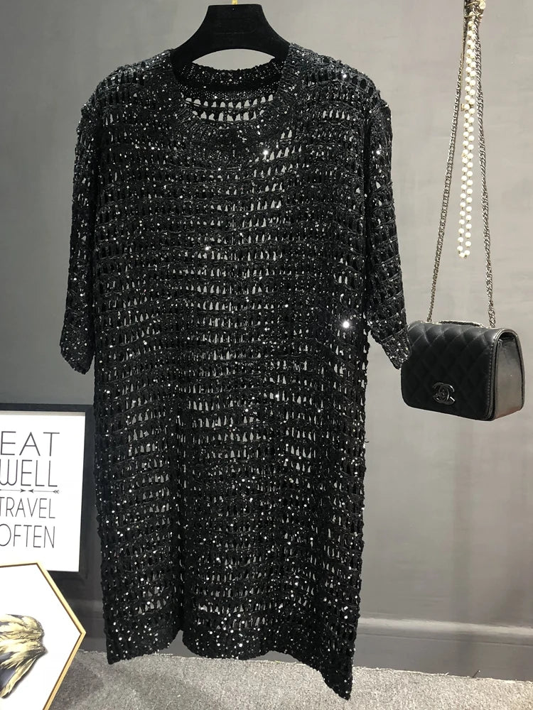 Long Sequins Knit Hollow Top – dreamy chic streetwear | same ANTHEM.