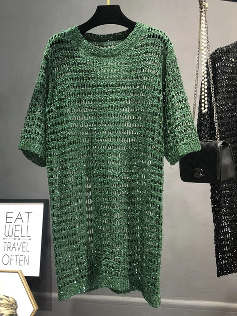Long Sequins Knit Hollow Top – dreamy chic streetwear | same ANTHEM. - green / One Size