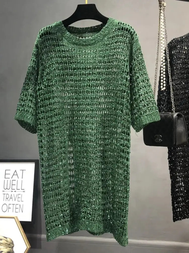 Long Sequins Knit Hollow Top – dreamy chic streetwear | same ANTHEM. - green / One Size