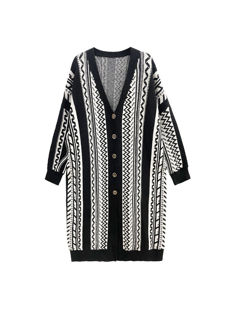 Long Sleeve Loose Geometric Knitted Cardigan | same ANTHEM Japanese Streetwear Chic - Black WLD10022 / One Size