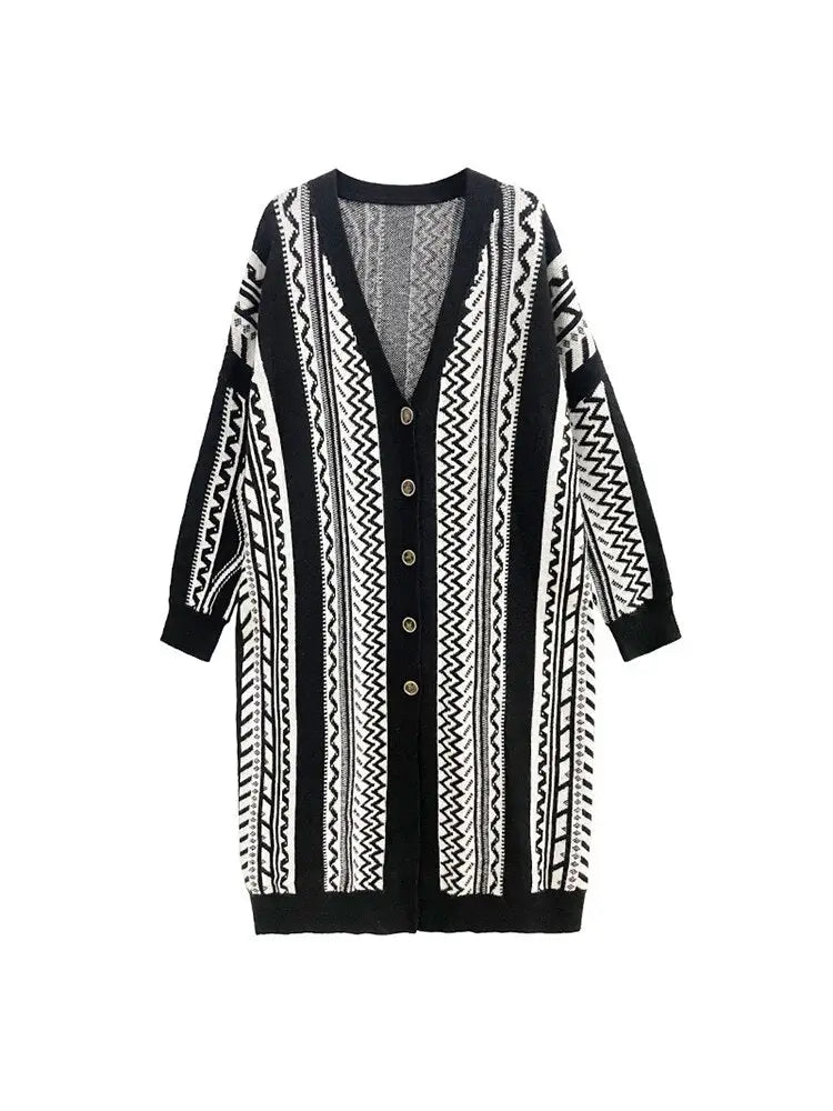 Long Sleeve Loose Geometric Knitted Cardigan | same ANTHEM Japanese Streetwear Chic - Black WLD10022 / One Size