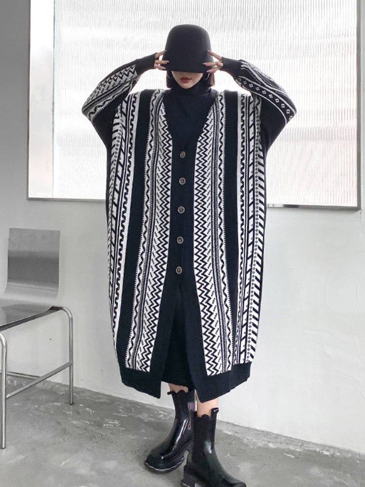 Long Sleeve Loose Geometric Knitted Cardigan | same ANTHEM Japanese Streetwear Chic - Black WLD10022 / One Size