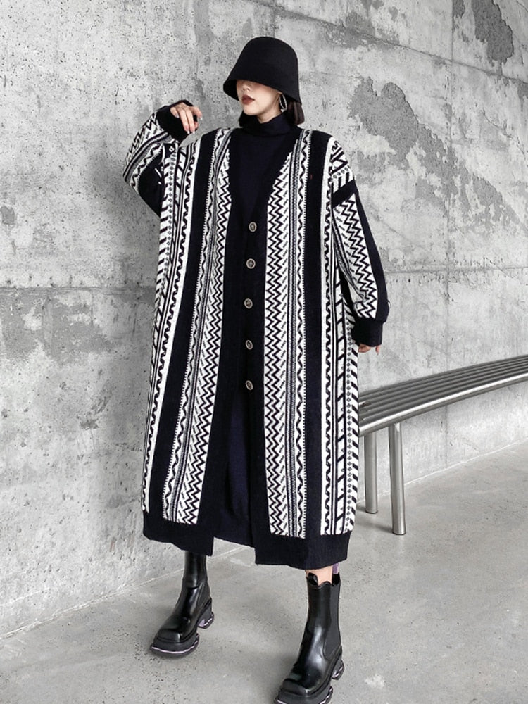 Long Sleeve Loose Geometric Knitted Cardigan | same ANTHEM Japanese Streetwear Chic - Black WLD10022 / One Size