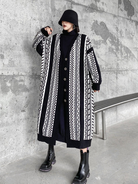 Long Sleeve Loose Geometric Knitted Cardigan | same ANTHEM Japanese Streetwear Chic - Black WLD10022 / One Size