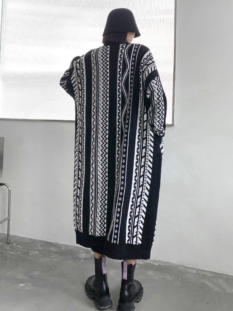 Long Sleeve Loose Geometric Knitted Cardigan | same ANTHEM Japanese Streetwear Chic - Black WLD10022 / One Size