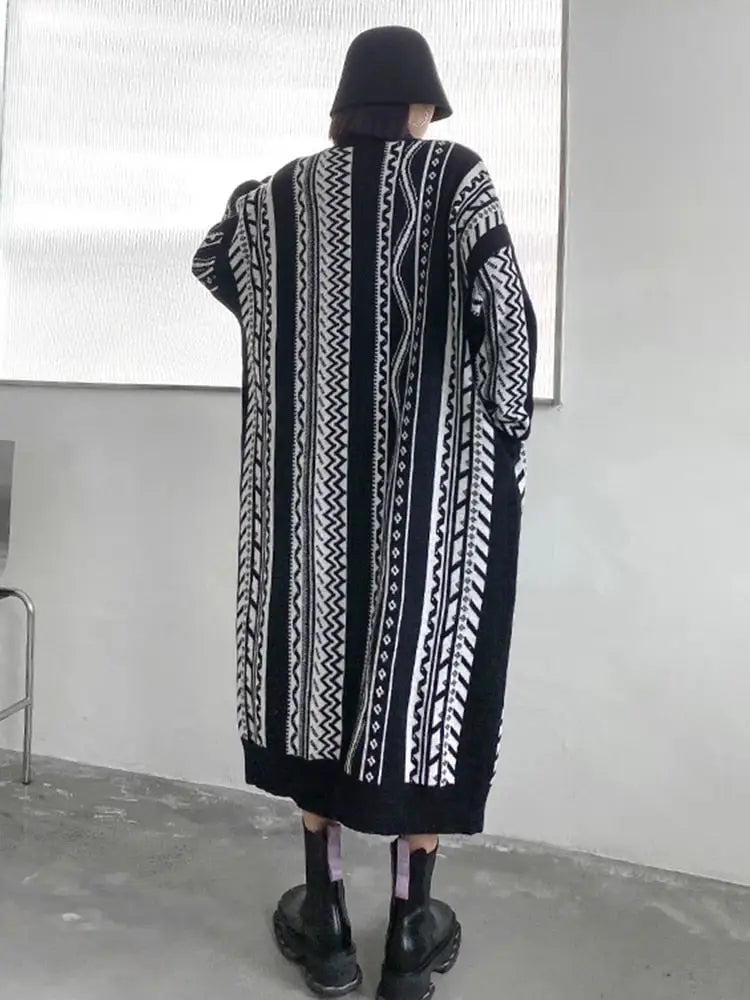 Long Sleeve Loose Geometric Knitted Cardigan | same ANTHEM Japanese Streetwear Chic - Black WLD10022 / One Size