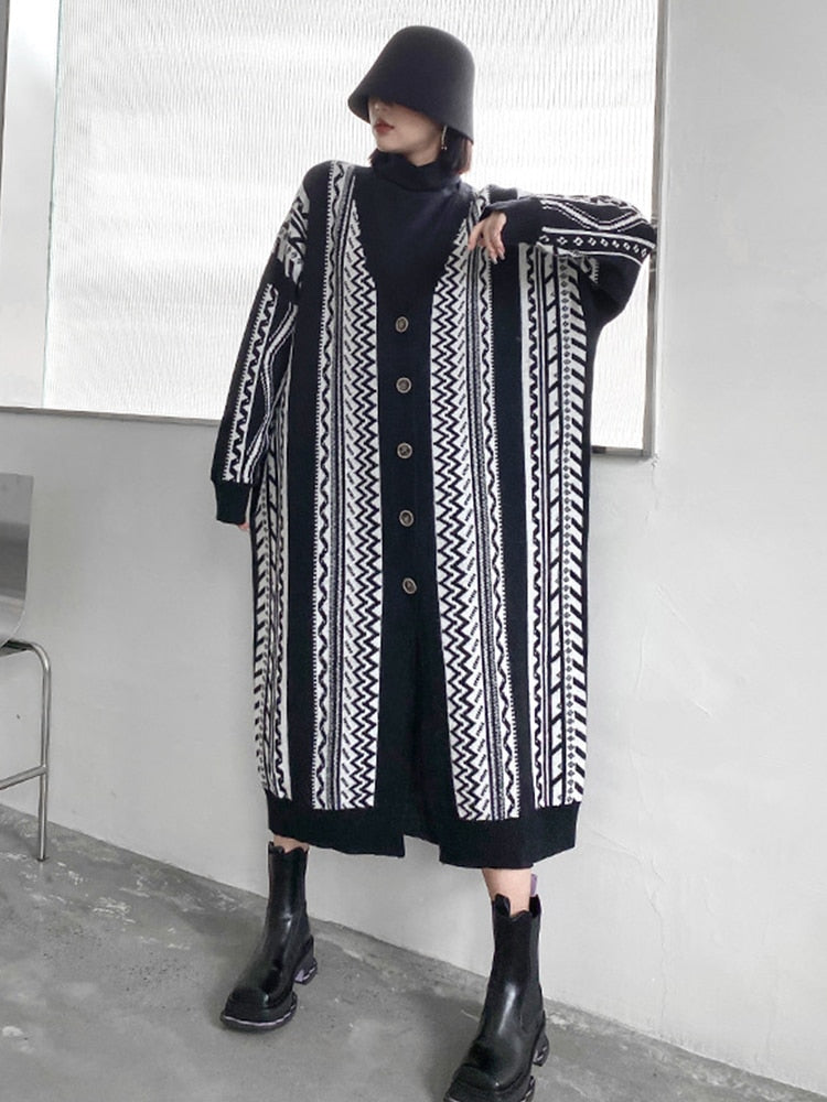 Long Sleeve Loose Geometric Knitted Cardigan | same ANTHEM Japanese Streetwear Chic - Black WLD10022 / One Size