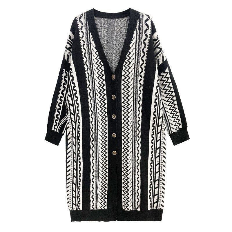 Long Sleeve Loose Geometric Knitted Cardigan | same ANTHEM Japanese Streetwear Chic - Black WLD10022 / One Size
