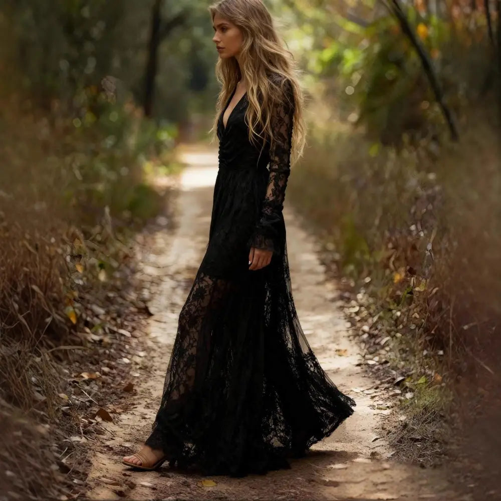 Stylish Long-sleeve V-neck Patchwork Maxi Dress - Dress