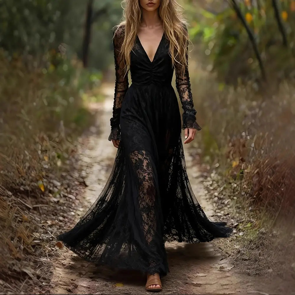 Stylish Long-sleeve V-neck Patchwork Maxi Dress - Dress