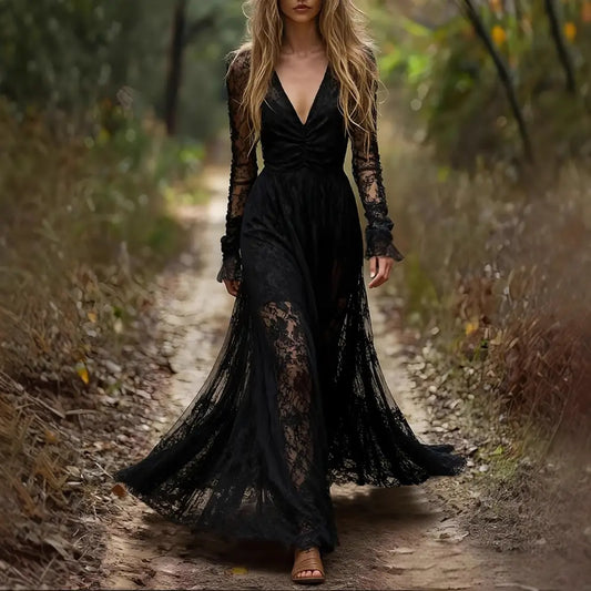 Stylish Long-sleeve V-neck Patchwork Maxi Dress - Dress