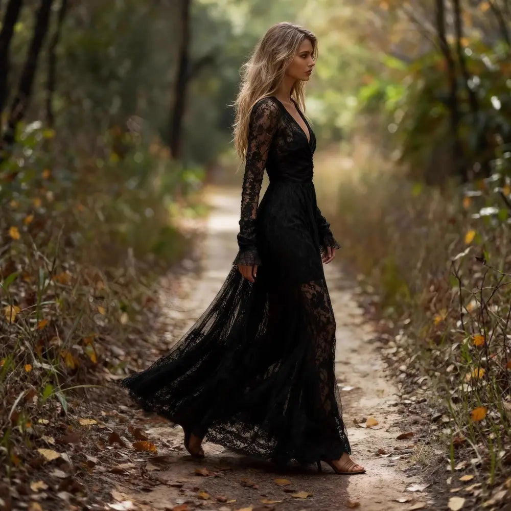 Stylish Long-sleeve V-neck Patchwork Maxi Dress - Dress