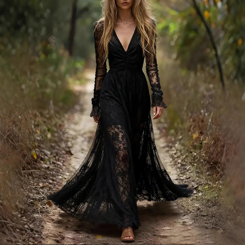 Stylish Long-sleeve V-neck Patchwork Maxi Dress - Black / L - Dress