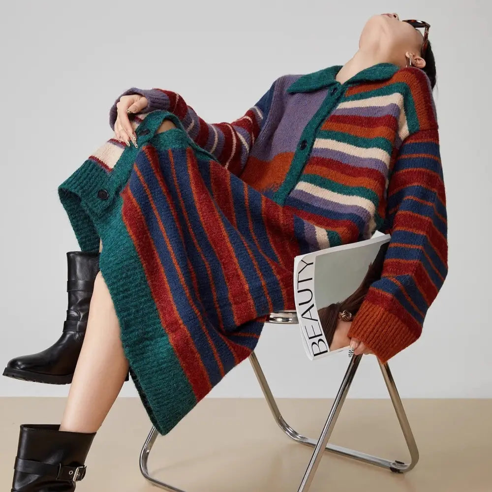 Loose Casual American Retro Stripes Sweater Coat for Soulmates & Lovers | same ANTHEM - Color Matching Cardigan / L
