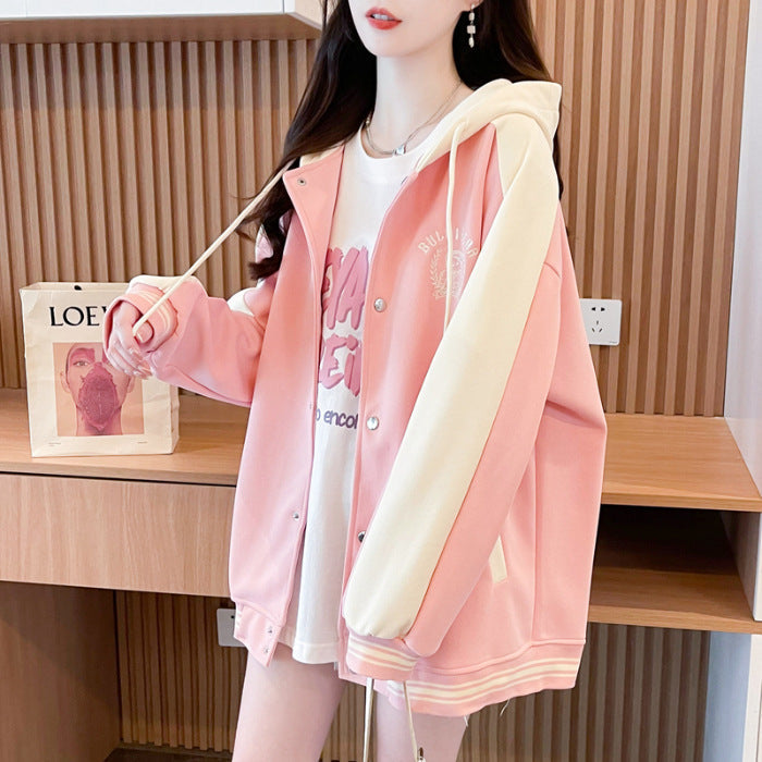 Loose Casual Cartoon Embroidered Baseball Sweater for Soulmates & Friends | same ANTHEM - Pink / L - Jacket