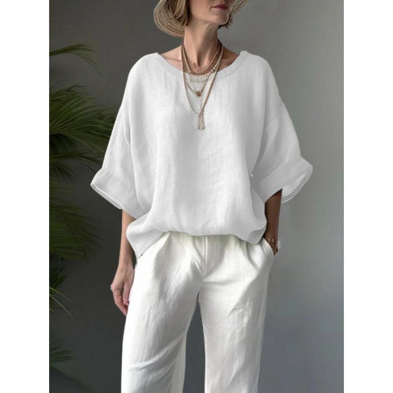 Loose Casual Elegance – Women’s Round Neck Shirt | same ANTHEM - White / 2XL