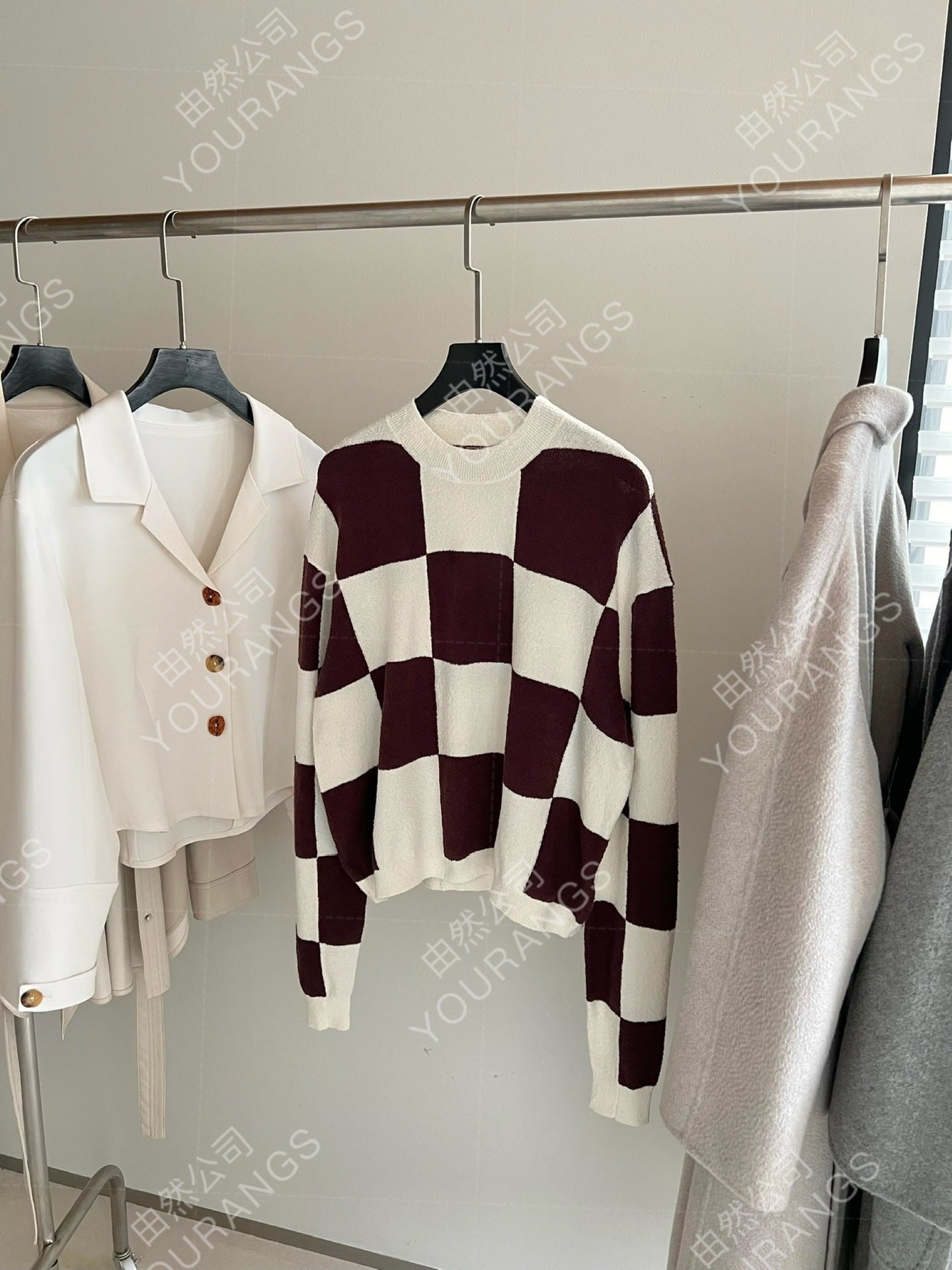 Loose Casual Organic Cotton Plaid Sweater for Soulmates | same ANTHEM - White Coffee Plaid / L