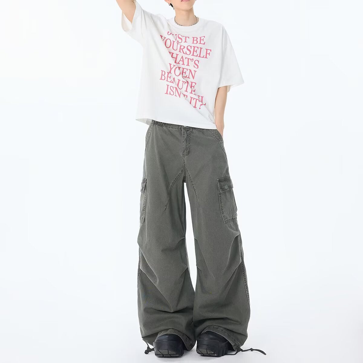 Loose Denim Multi-Pocket Straight Leg Pants | same ANTHEM. - Green / XS