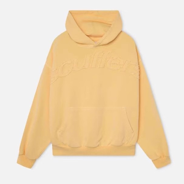 Yellow hoodie with 'Hollister' branding on a light gray background