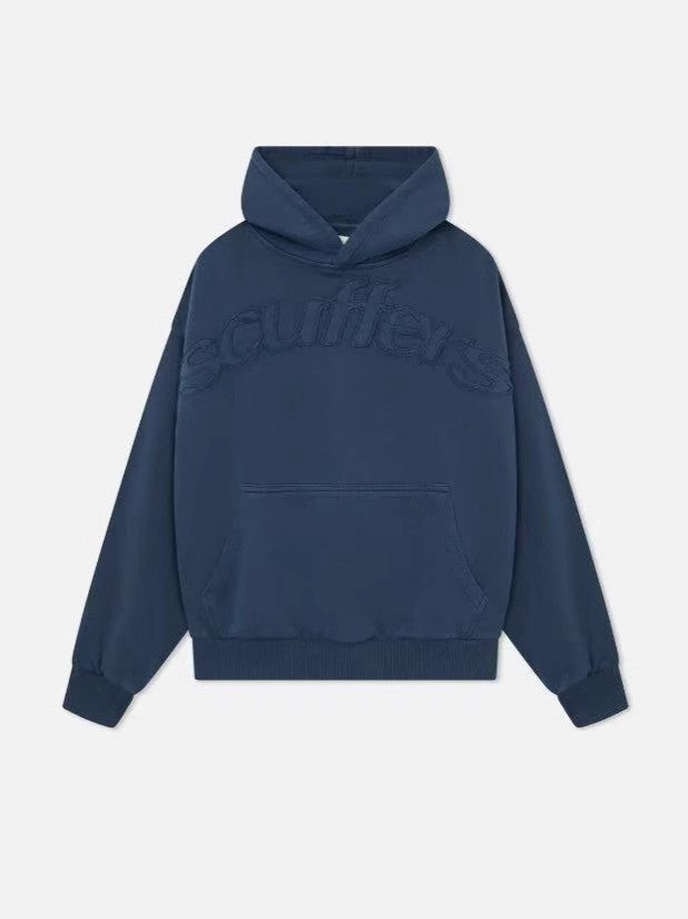Navy blue hoodie with brand logo on a light gray background