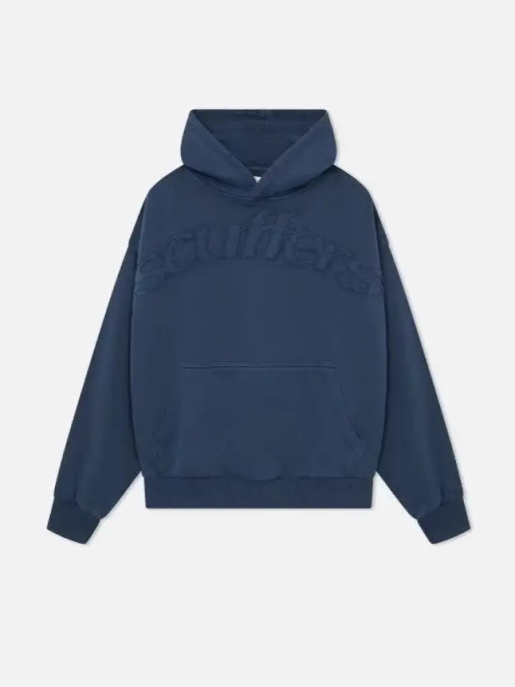 Navy blue hoodie with brand logo on a light gray background