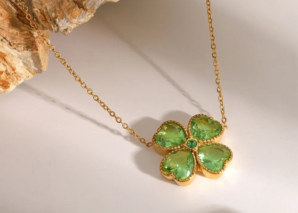 Lucky Clover Pendant Necklace – Stainless Steel & Zircon | same ANTHEM. - Green / One Size