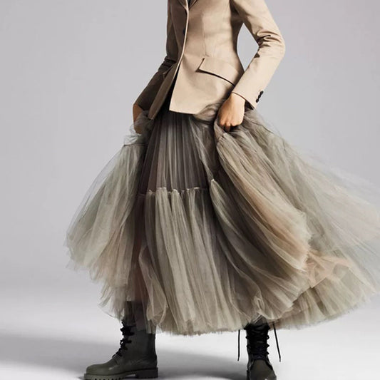 Black Mesh Maxi Hem Skirt Maxi Dress Mid-length Skirt Design Sense Gauze Skirt Big Swing Skirt Spring Clothing Womens