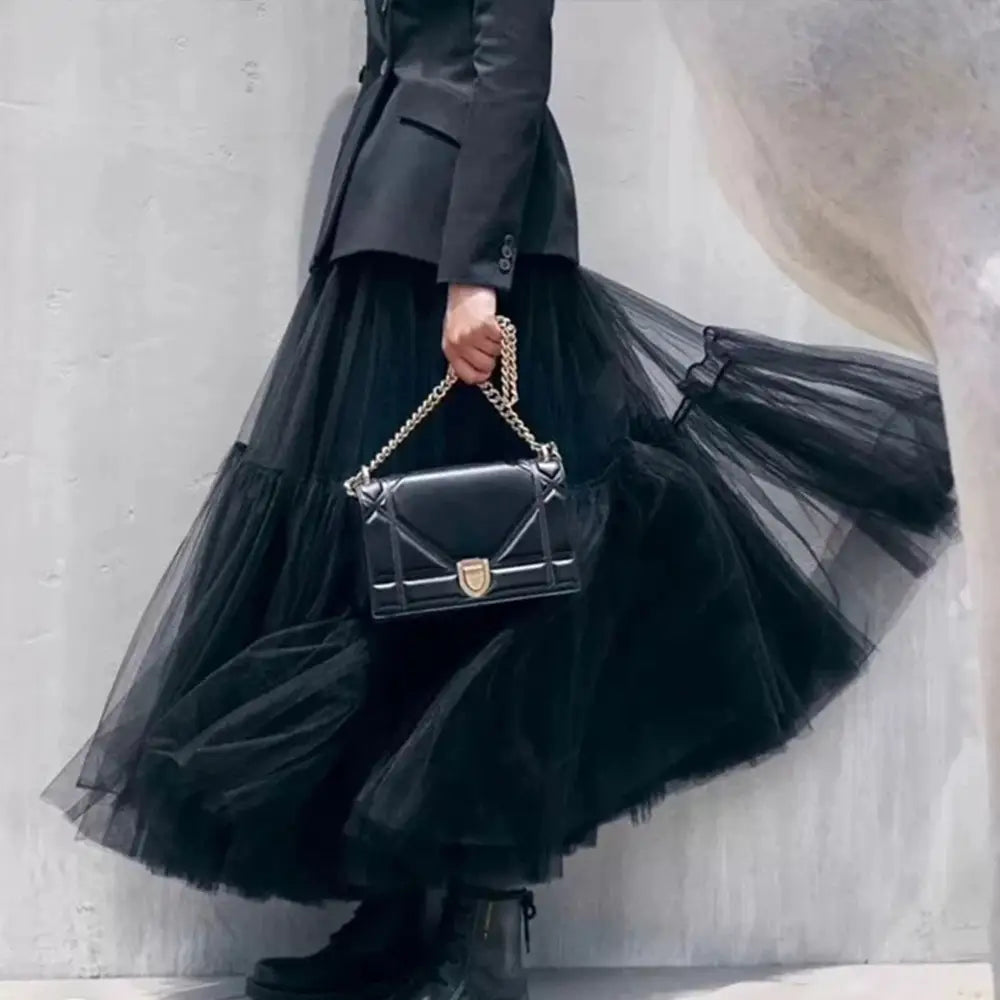 Black Mesh Maxi Hem Skirt Maxi Dress Mid-length Skirt Design Sense Gauze Skirt Big Swing Skirt Spring Clothing Womens