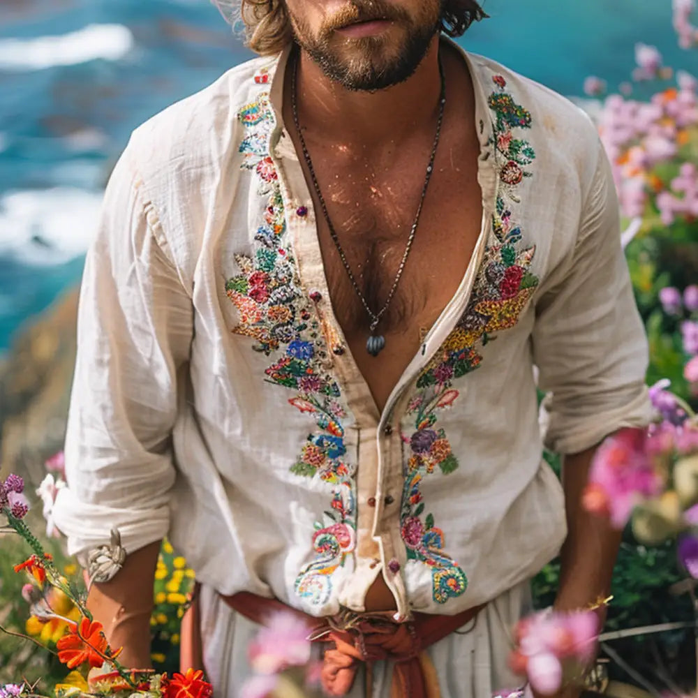 Men’s Casual Open Collar Embroidered Shirt | Boho Hippie Vibes | same ANTHEM