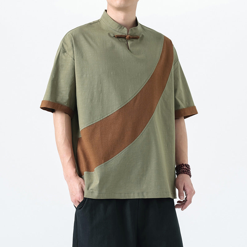 Men’s Cotton Linen Tang Suit T-Shirt – Loose Streetwear Style | same ANTHEM - Green Coffee Brown / M