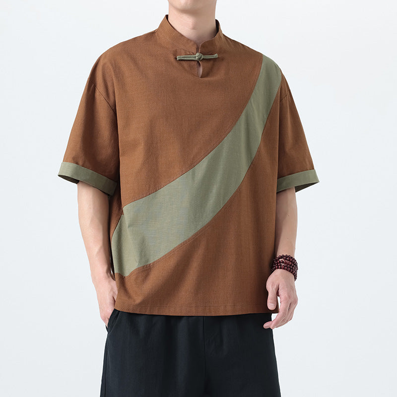 Men’s Cotton Linen Tang Suit T-Shirt – Loose Streetwear Style | same ANTHEM - Coffee Green / M