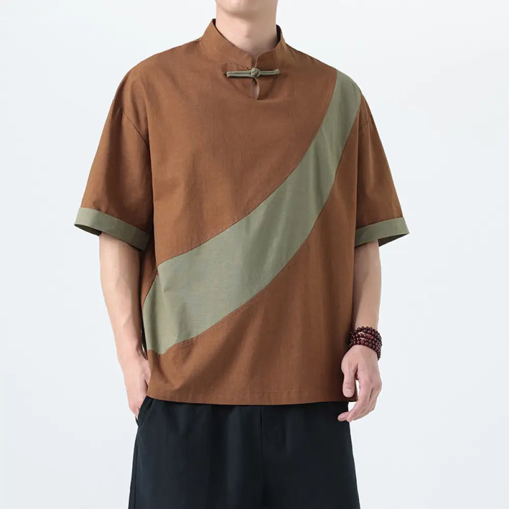 Men’s Cotton Linen Tang Suit T-Shirt – Loose Streetwear Style | same ANTHEM - Coffee Green / M