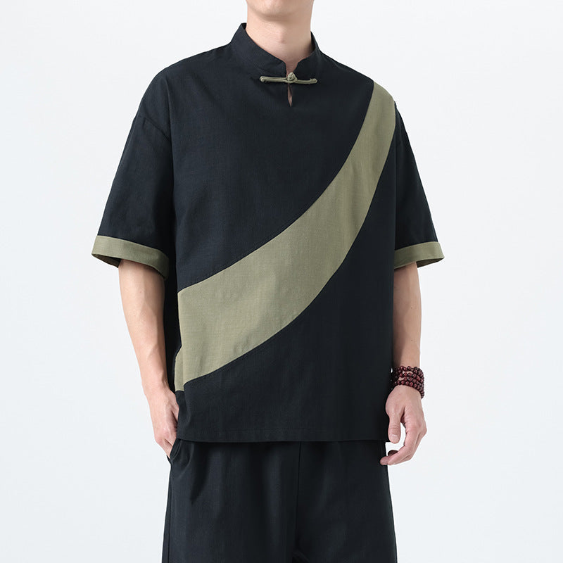 Men’s Cotton Linen Tang Suit T-Shirt – Loose Streetwear Style | same ANTHEM - Black Green / M