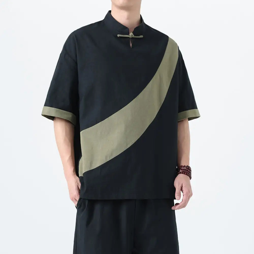 Men’s Cotton Linen Tang Suit T-Shirt – Loose Streetwear Style | same ANTHEM - Black Green / M