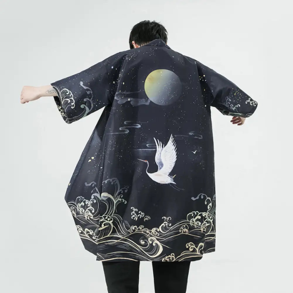 Men’s Crane Print Hanfu Cardigan | Japanese-Inspired Summer Cloak | same ANTHEM. - K208 black / M