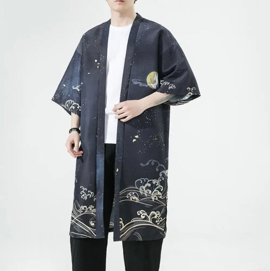 Men’s Crane Print Hanfu Cardigan | Japanese-Inspired Summer Cloak | same ANTHEM.