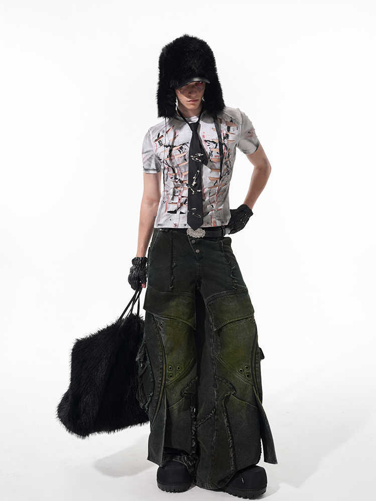 Person wearing a unique outfit with a fur hat, patterned shirt, and dark pants on a white background