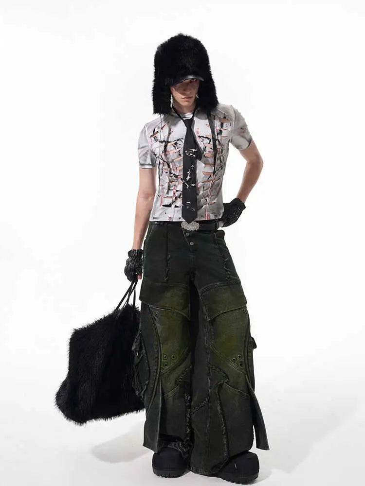 Person wearing a unique outfit with a fur hat, patterned shirt, and dark pants on a white background