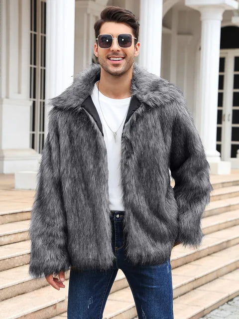 Men’s Faux Fox Fur Jacket | Luxury Winter Streetwear Coat | same ANTHEM - White gray long hair / S