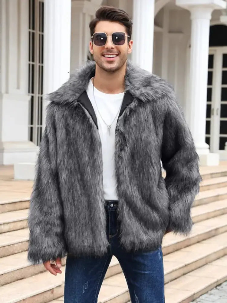 Men’s Faux Fox Fur Jacket | Luxury Winter Streetwear Coat | same ANTHEM - White gray long hair / S