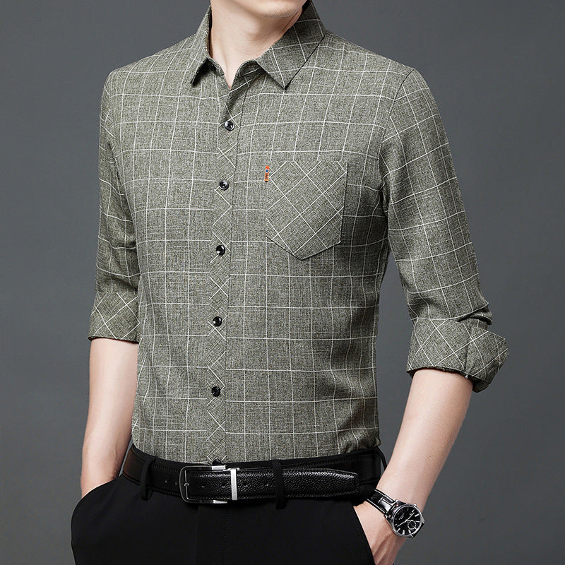 Men’s Linen-like Plaid Long-sleeved Shirt – Casual Cool Everyday Style | same ANTHEM - Green / L