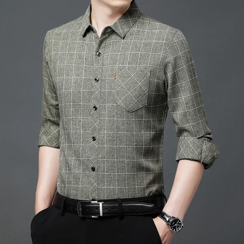 Men’s Linen-like Plaid Long-sleeved Shirt – Casual Cool Everyday Style | same ANTHEM - Green / L