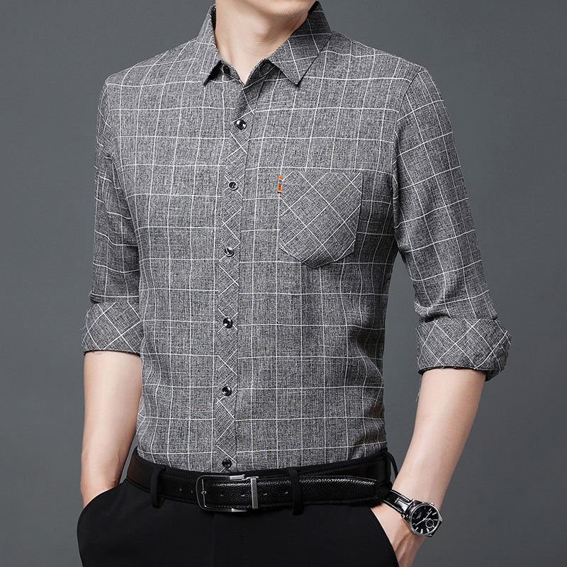 Men’s Linen-like Plaid Long-sleeved Shirt – Casual Cool Everyday Style | same ANTHEM - Gray / L