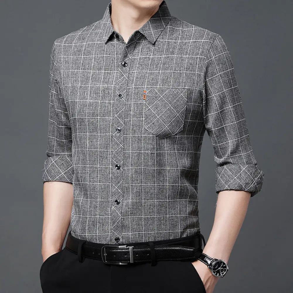Men’s Linen-like Plaid Long-sleeved Shirt – Casual Cool Everyday Style | same ANTHEM - Gray / L