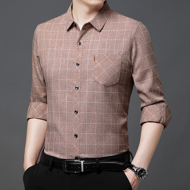 Men’s Linen-like Plaid Long-sleeved Shirt – Casual Cool Everyday Style | same ANTHEM - Brown / L