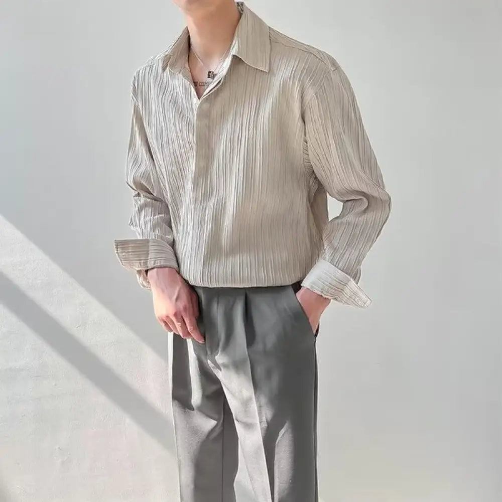 Men’s Long Sleeve Loose Striped Shirt | Casual Cool Everyday | same ANTHEM - Apricot / 2XL
