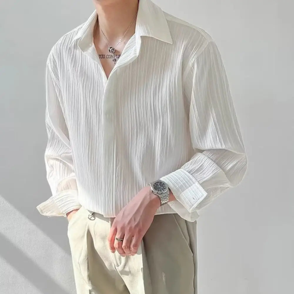 Men’s Long Sleeve Loose Striped Shirt | Casual Cool Everyday | same ANTHEM - White / 2XL