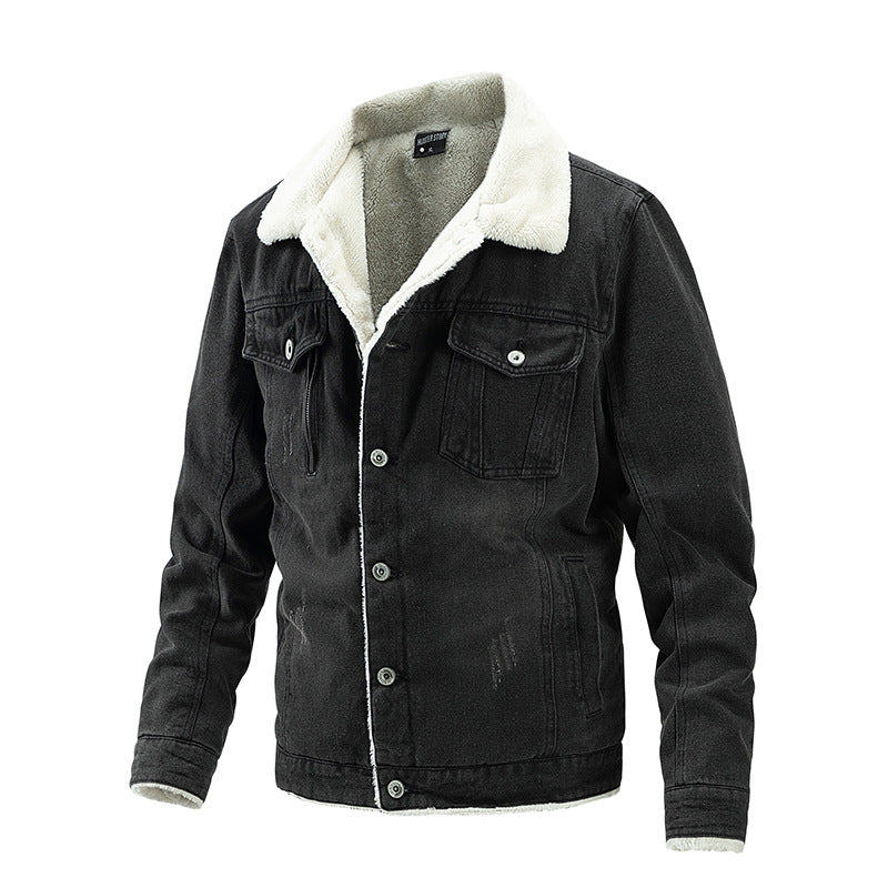 Men’s Slim Washed Lapel Thickening Denim Jacket | same ANTHEM. Classic & Casual Men’s Coats - Black / L